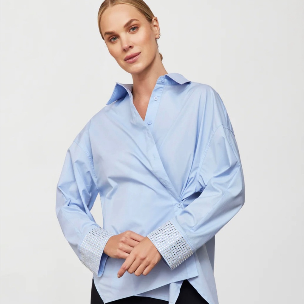 NWT Carbon38 RHINESTONE OVERSIZED BUTTON UP SHIRT - Blue with Silver Rhinestones